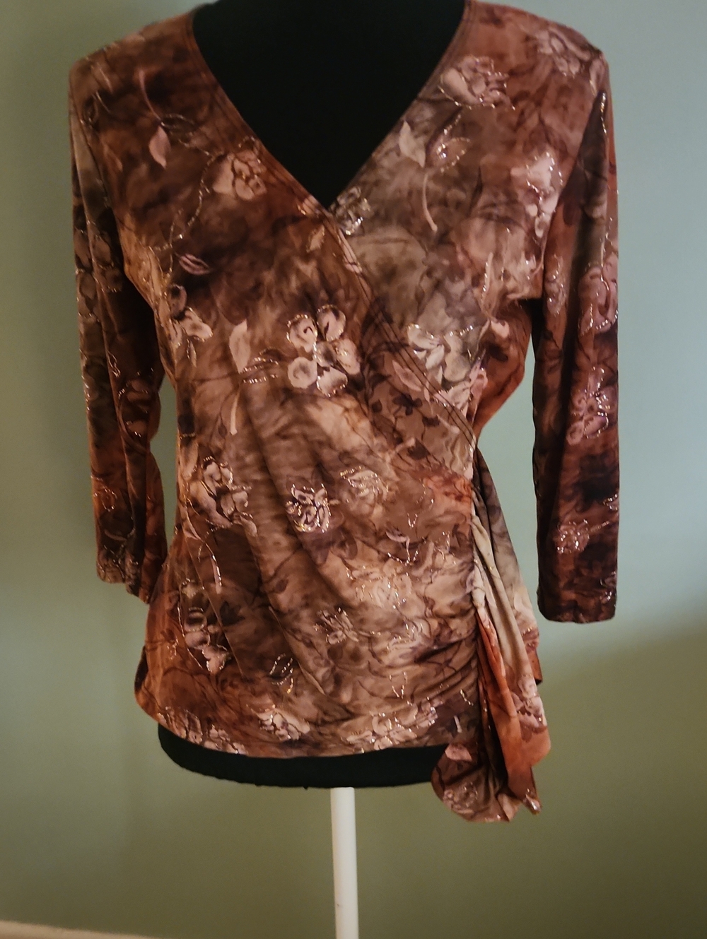 Dress Barn Brown Floral Wrap-Front Blouse